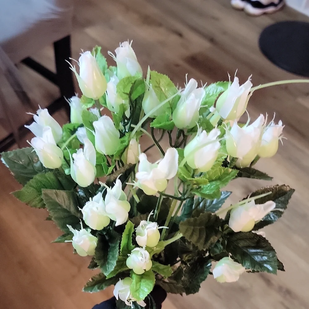 1 Dozen White Rose Buds  W/ Green Faux Floral Accent Arrangement